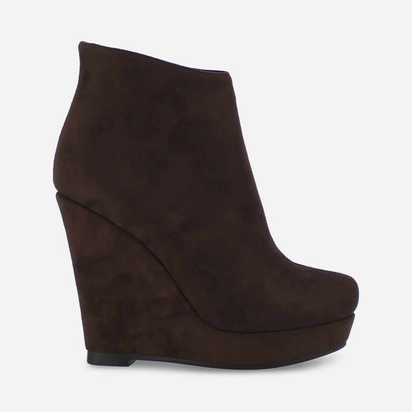 vivorosa Shoes - High Heeled Wedge Zip Ankle Platfrom Boots in Coffee Brown Faux Suede - Women’s